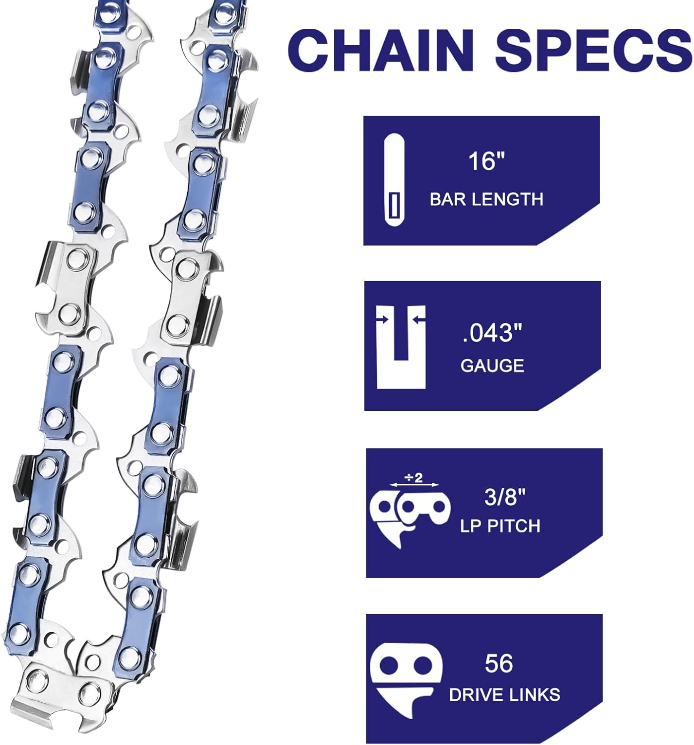 4 Pack 16 Inch Chainsaw Chain 3/8" LP Pitch .043'' Gauge 56 Drive Links fits Milwaukee, EGO, DeWalt, Greenworks and more 16" 56DL 3/8"LP .043" 4 Pack