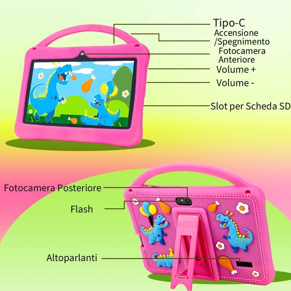 Veidoo Tablet 7" Bambini, 2 GB RAM, 32 GB ROM, App iWawa, Controllo Genitori, Schermo Protezione Oculare, Giochi Educativi, WiFi, Doppia Camera, Custodia Silicone (Rosa)