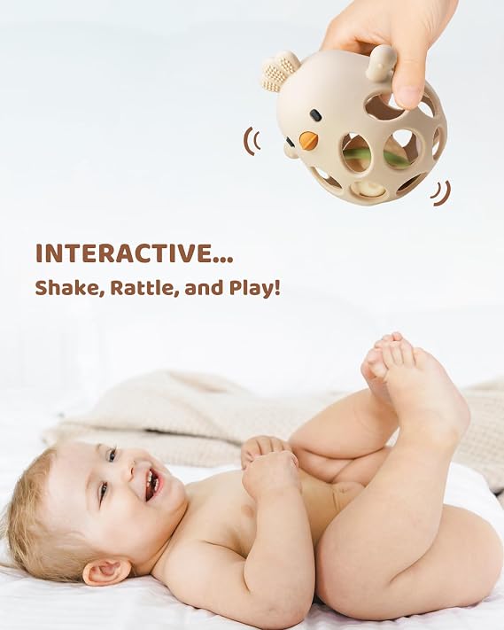 2-in-1 Baby Teething Rattle Toy, Sensory Grasping Teether for Infants 3-12 Months, 100% Food-Grade Silicone, Easy to Hold, Soothing & Developmental, BPA Free
