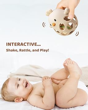2-in-1 Baby Teething Rattle Toy, Sensory Grasping Teether for Infants 3-12 Months, 100% Food-Grade Silicone, Easy to Hold, Soothing & Developmental, BPA Free