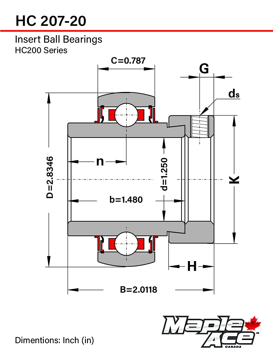 MAPLE ACE HC207-20, NA207-20 Insert Bearing 1-1/4" Bore, Spherical OD with Eccentric Locking Collar and Lubrication Hole