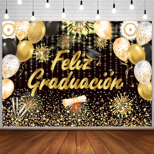 BORISCA Fondo de Graduación Negro Oro Plata 110x180cm, Pancarta para Felicitaciones y Photocall Decorar, Felicidades Graduado