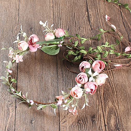 CBLUO Halloween Flower Headband Rose Leaf Crown Hair Hoops Bands Floral Wreath Headpiece Hairband Women Xmas Bohemian Festival Masquerade Wedding Cosplay Dress Up Birthday Party Accessories Pink