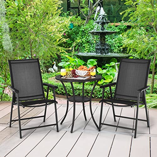 Image of Giantex Set of 2 Patio Folding Chairs, Portable Outdoor Dining Chairs with Armrest for Porch Camping Pool Beach Deck Lawn Garden, Metal Frame, Black
