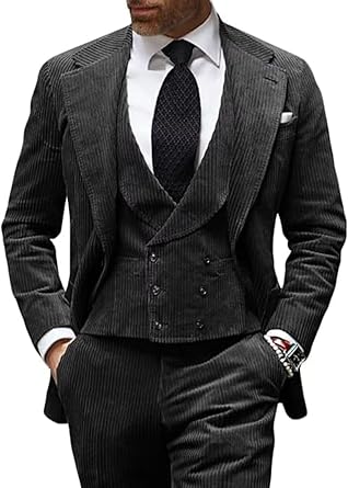 Suit for Men Corduroy Double Breasted 3 Piece Regular Fit Casual Set,Blazer Vest and Pants for Male
