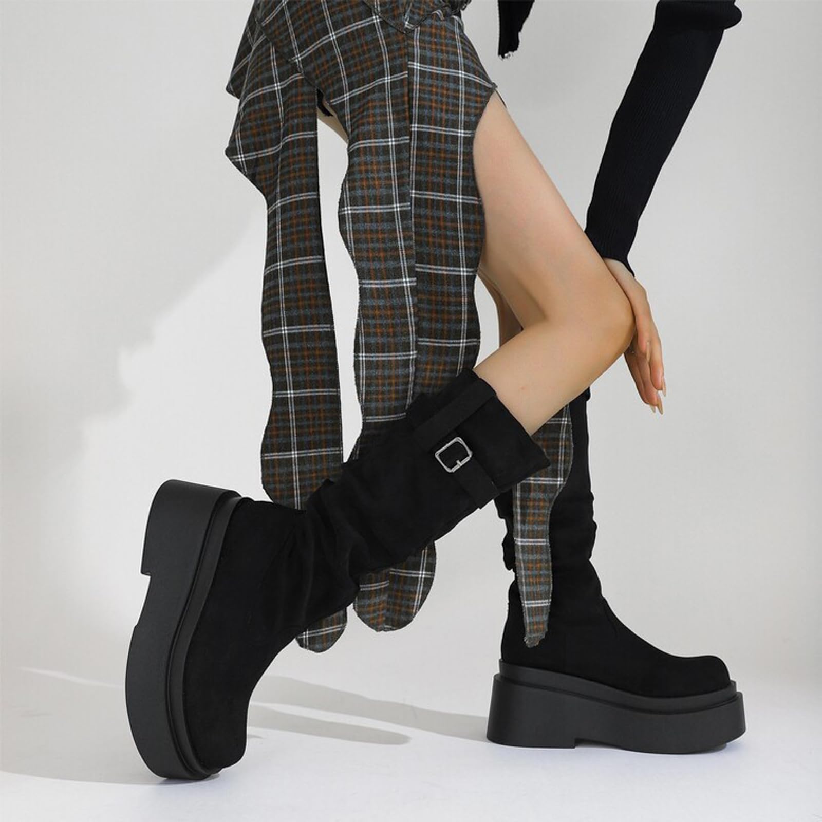 Botas Altas hasta la Rodilla con Plataforma y Punta Cuadrada para Mujer, Botas de Media Pantorrilla para otoño e Invierno, Botas Vaqueras Occidentales, Botas de Montar