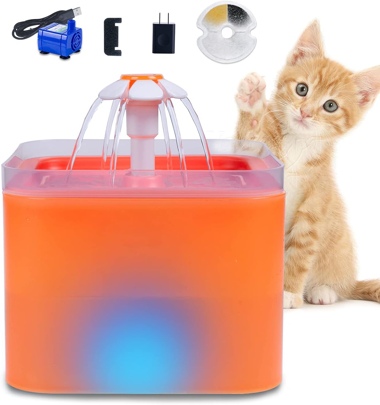Cat Water Fountain with LED Light, 67oz Automatic Pet Drinking Fountain, with 1 Ultra-Quiet Water Pump, 1 Filter Replacement, and 1 AC-Adapter (Orange)