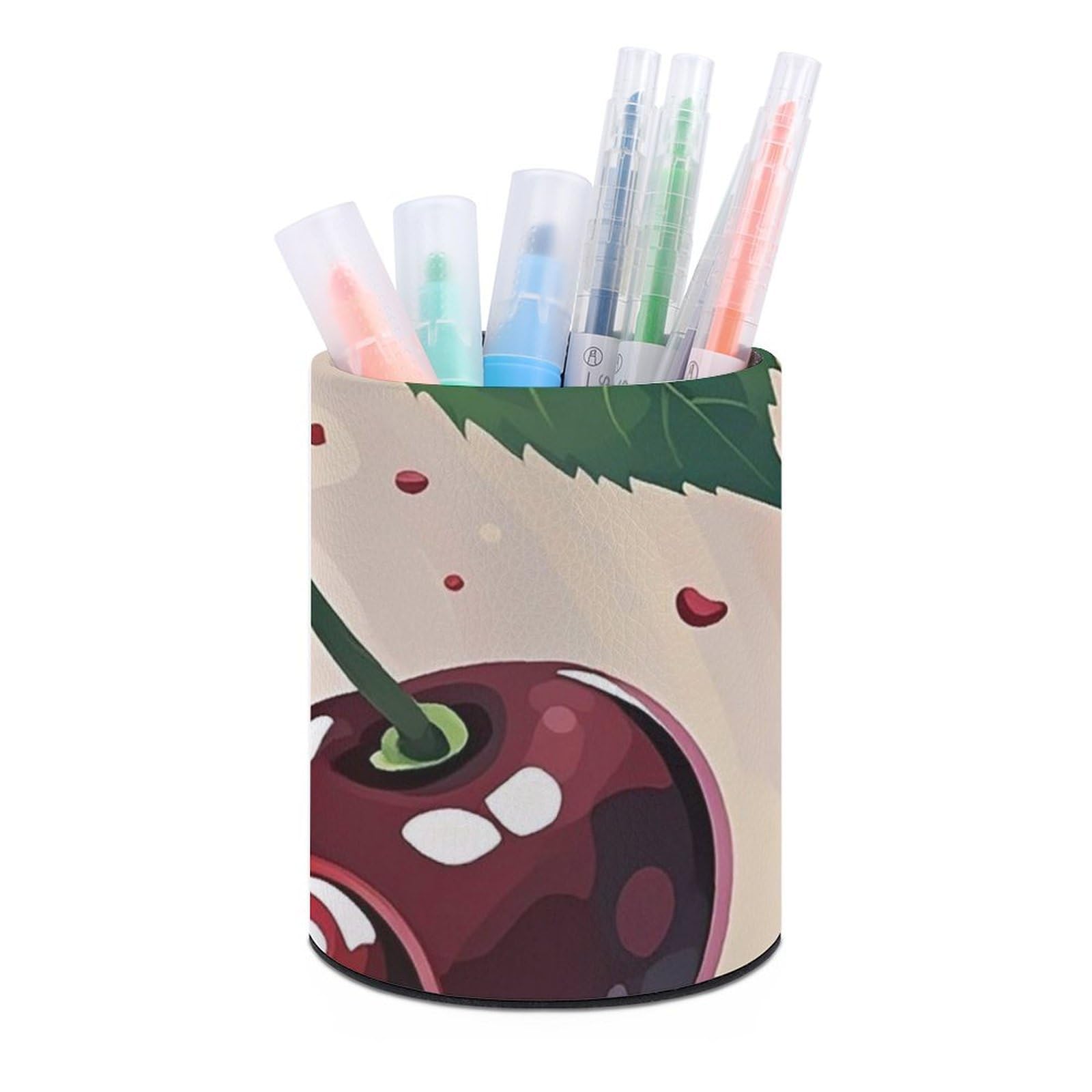 FekiLoot PU Leather Round Pen Holder Cherry Fruit Pencil Holder Desk Organizer Pen Organizer Pen Cup Pencil Cup Caddy Desktop Stationery Organizers for Office Home Supplies