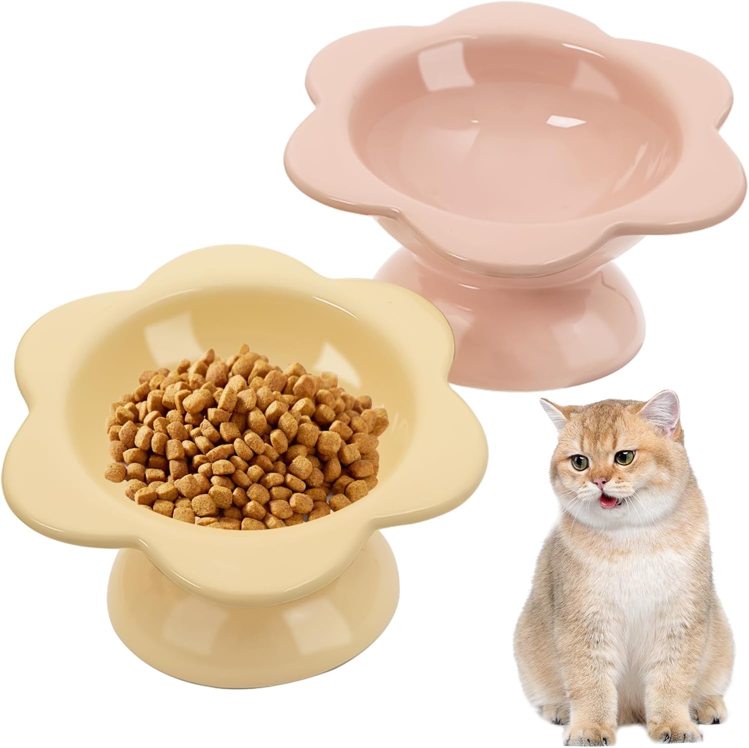 2 Pcs Ceramic Raised Cat Bowls Flower 7 oz Tilted Elevated Cat Food Bowl Cat Dishes for Anti Vomiting Protecting Spine Pet Feeder Water Bowl for Cat Kitten