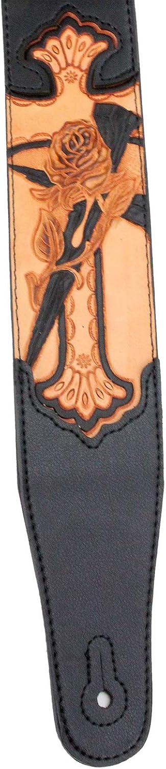 Walker & Williams CVG-21 Black Padded Leather Guitar Strap Hand Tooled Christian Rose & Cross For Acoustic, Electric, And Bass Guitars