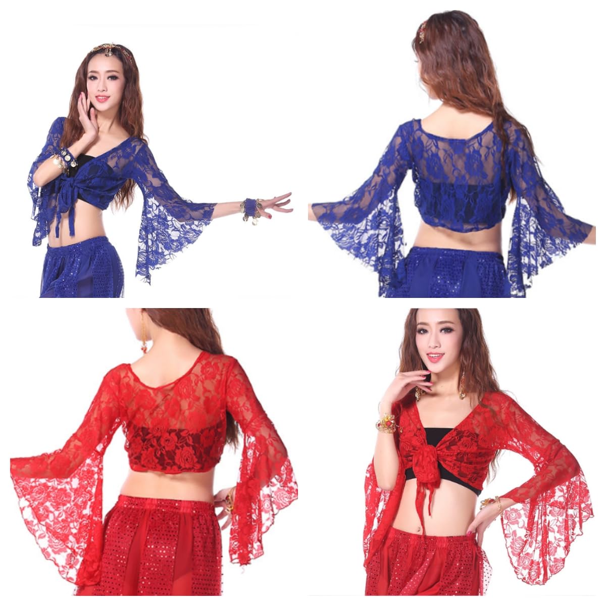 Top de danza del vientre para mujer, top envolvente manga 3/4 acampanada, corto con chal floral y nudo
