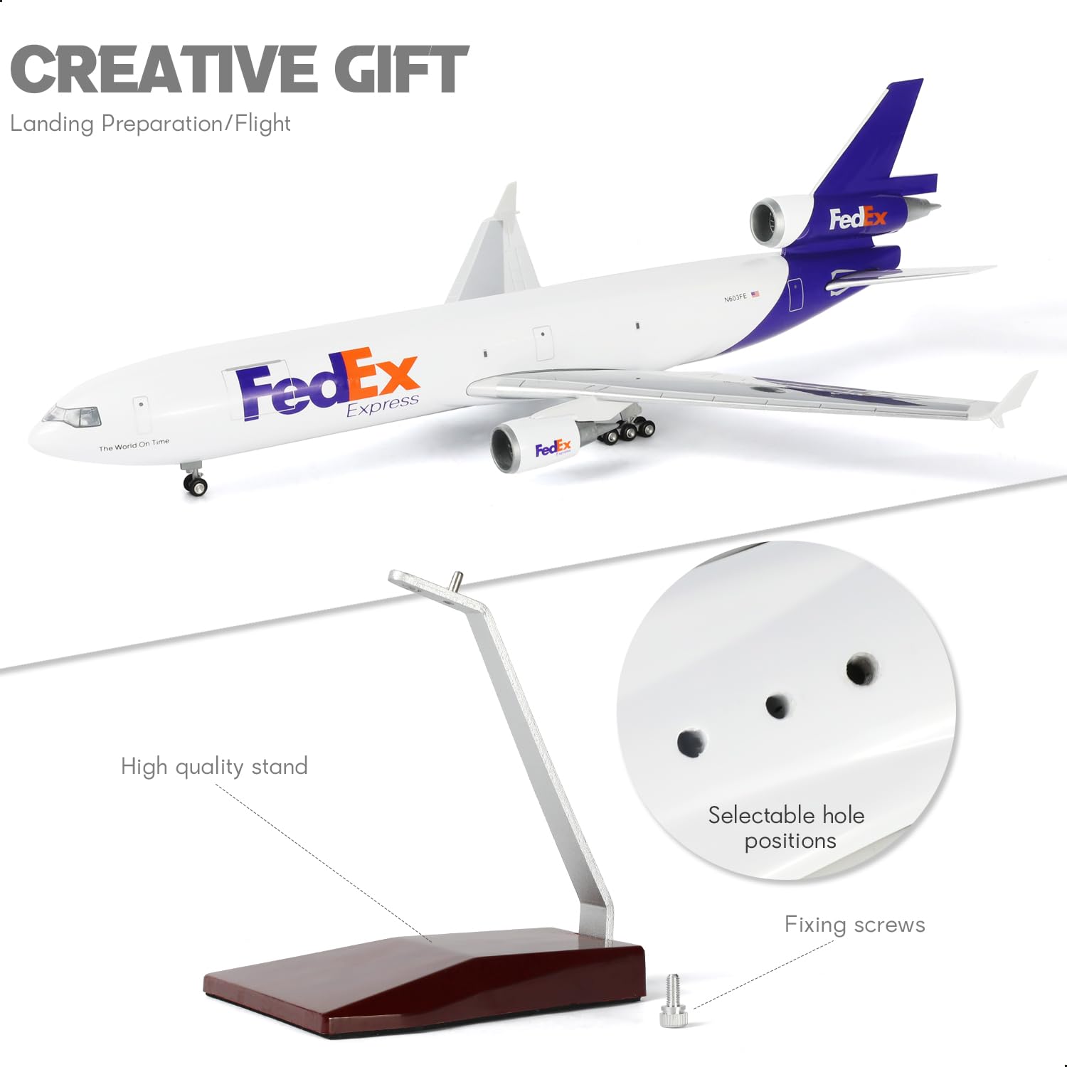 MD-11 model samolotu w skali 1:130, kompatybilny z FedEx, ze stojakiem (długość 47 cm), z żywicy, idealna jako pamiątka dla dorosłych, dekoracja do domu lub biura.