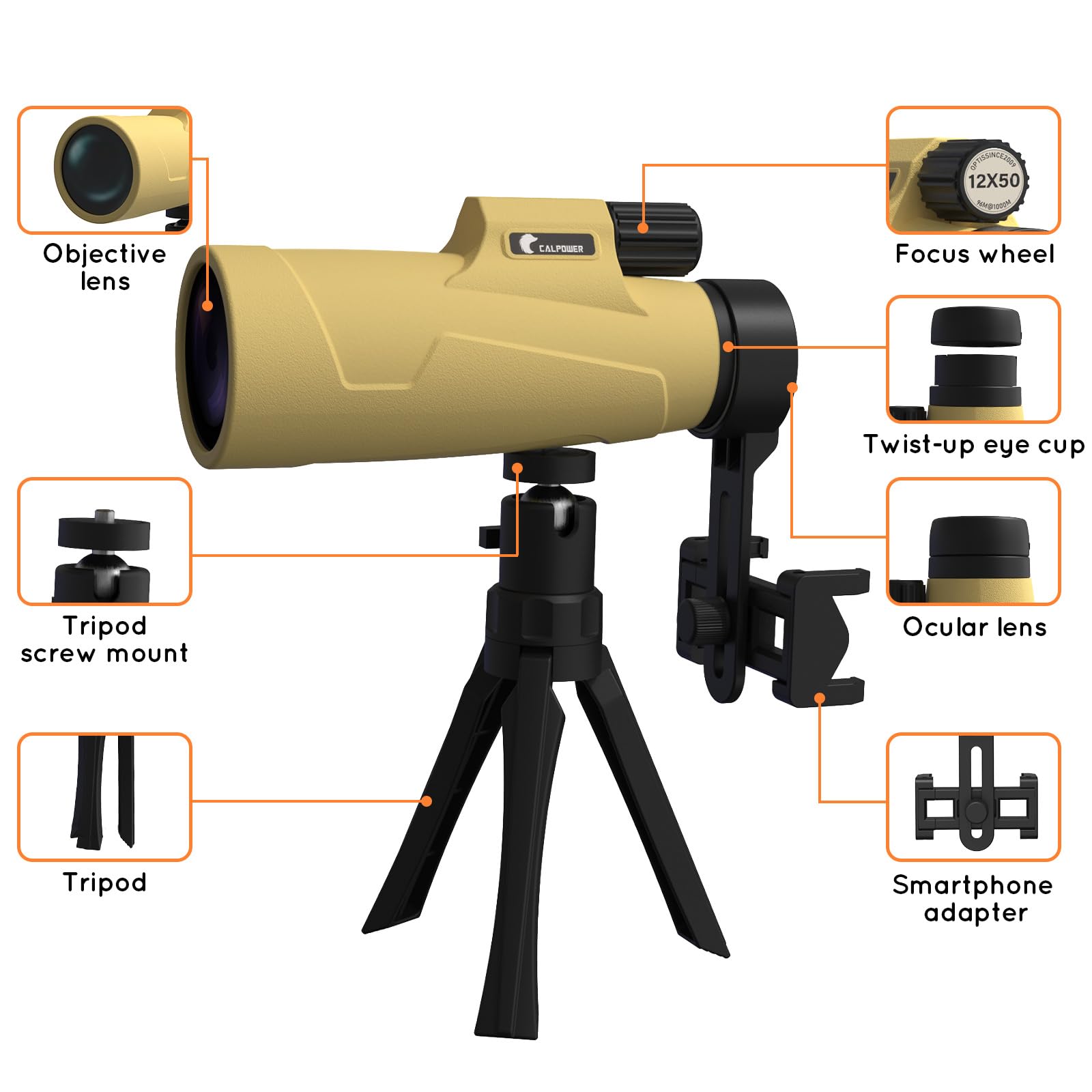 12x50 High Power Monocular Telescope With Smartphone Adapter & Tripod