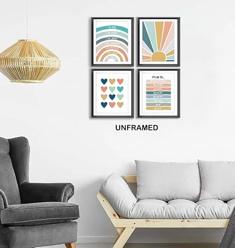 I Am Kind Smart Brave Positive Affirmations Mental Health Poster Prints For Teens Room Playroom Nursery Classroom Decor,Boho Rainbow Sunshine Decorations Prints Wall Art Unframed 4Pcs 8X10 Inches (8Wx10L) #TOP3