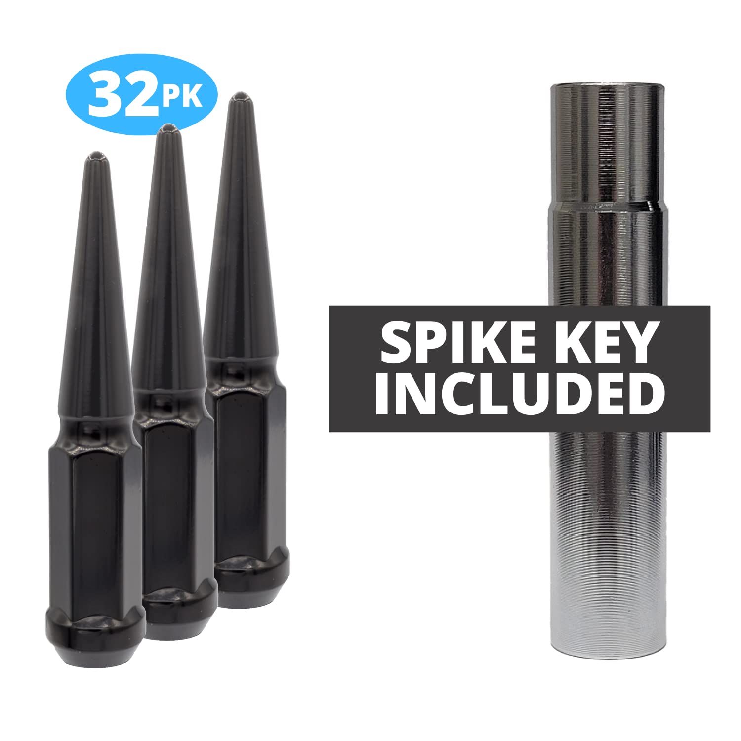14X1.5 Spike Lug Nuts 3/4" Hex 4.37" 8 Lug Install Kit Black