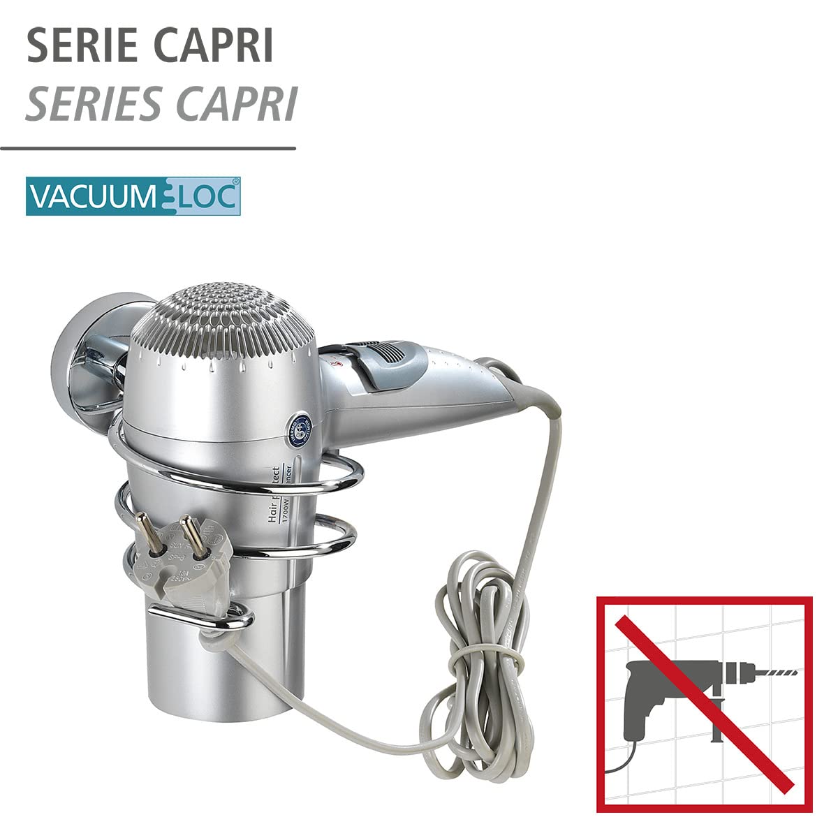 WENKO Vacuum-Loc® uchwyt na suszarkę do włosów Capri - mocowanie bez wiercenia, cynkowy odlew ciśnieniowy, 10 x 9,5 x 15,5 cm, chrom