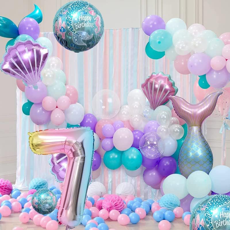 Mermaid Birthday Decoration Kit with Balloons & Foil Mermaid Tail Balloons for Girls' Party (Number 7) - Image 5