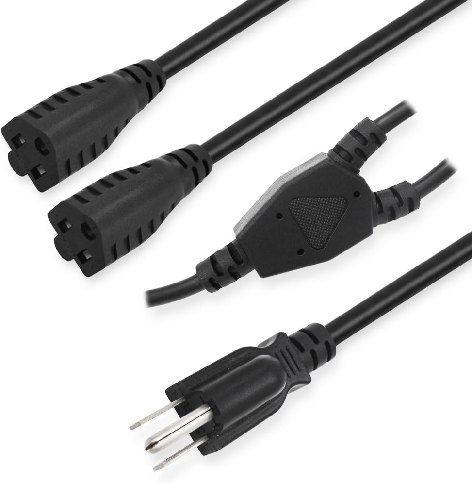 KUNCAN Power Cord Extension Y Splitter - 2 Way Outlet Adapter NEMA 5-15R to 1 NEMA 5-15P with 18AWG 300V Plug 1ft 13A