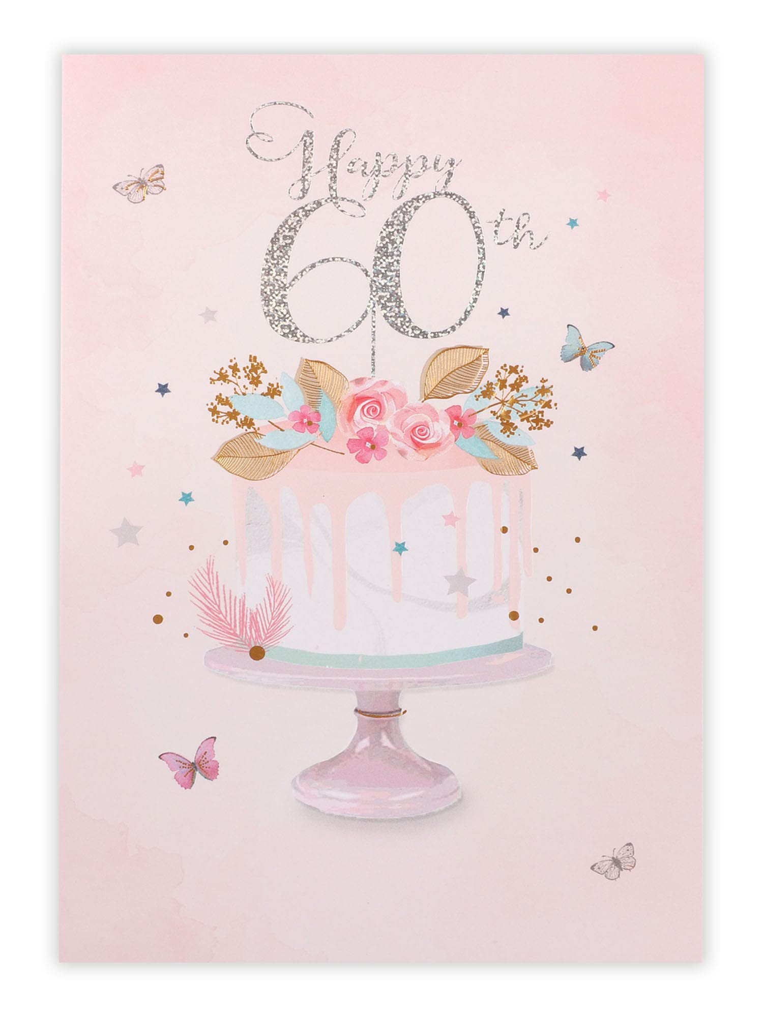 Biglietto Auguri 60° Compleanno Per Figlia, Design Floreale Con Palloncini E Farfalle, Rifiniture In Rame, Prodotto Inglese - 2