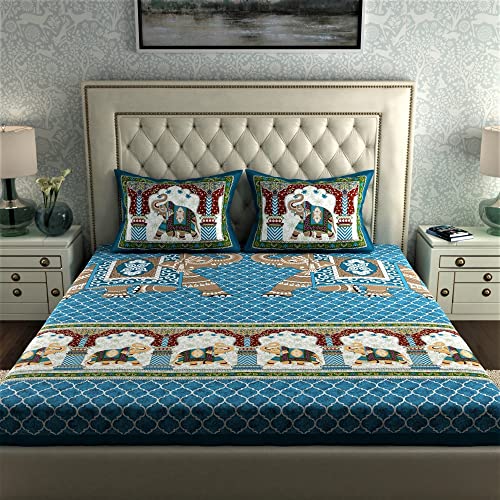 Image of La Verne104 TC 100% Cotton Jaipuri Rjasathani Hand Print Bedsheet with 2 Pillow Covers (Blue)