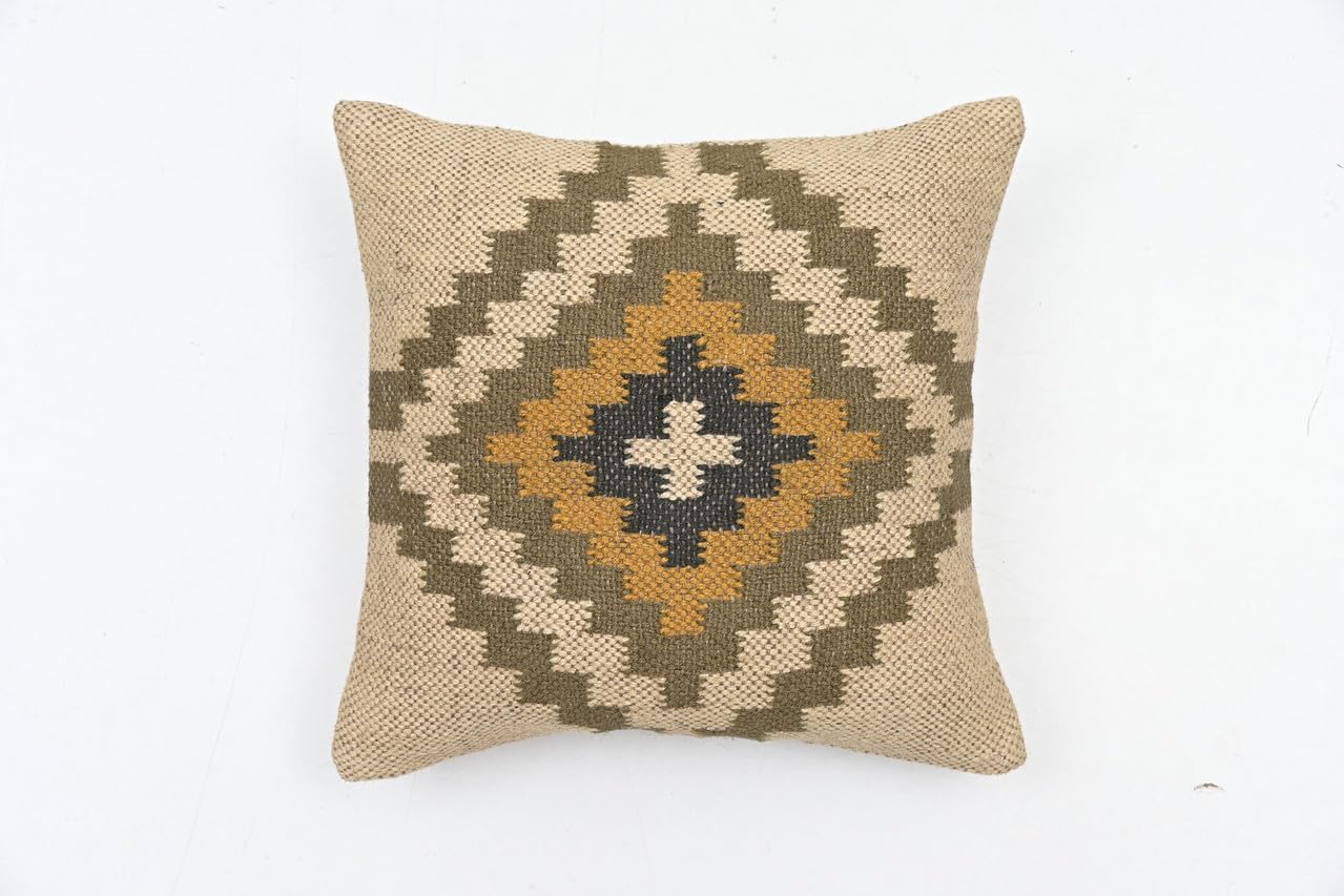 Handwoven Wool Jute Kilim Throw Pillow Cover, Southwestern Geometric Pattern, Red Green Gray Traditional Design, Decorative Cushion Case (18" L x 18" W, Pack of 1, Color 1)