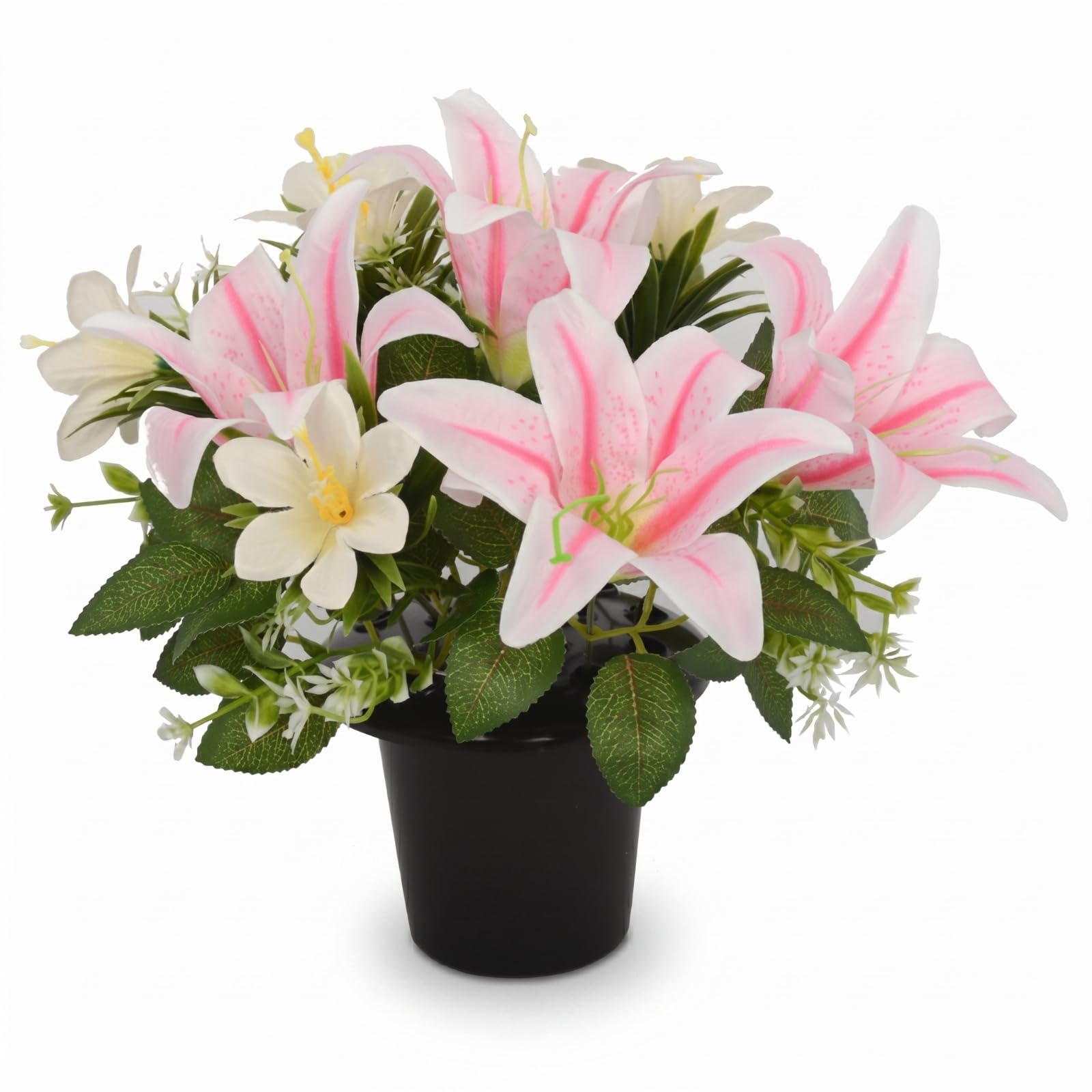 Homesecret Pack 1 Artificial Flowers for Graves in Pots 25cm | Pink Lillies Grave Flower Pots for Christmas | Luxury Memorial Flowers for Graves, Funerals & Lasting Tributes | All Season Displays