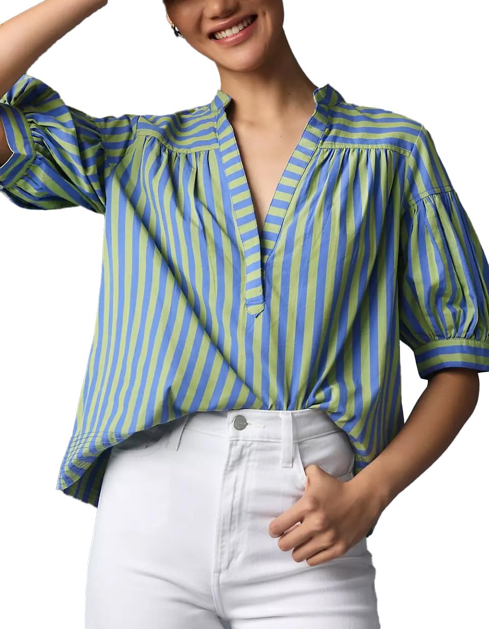 Women Puff Short Sleeve Blouse Trendy Striped V Neck Shirt Summer Business Casual Outfit Cute Babydoll Boho Loose Tops - Image 2