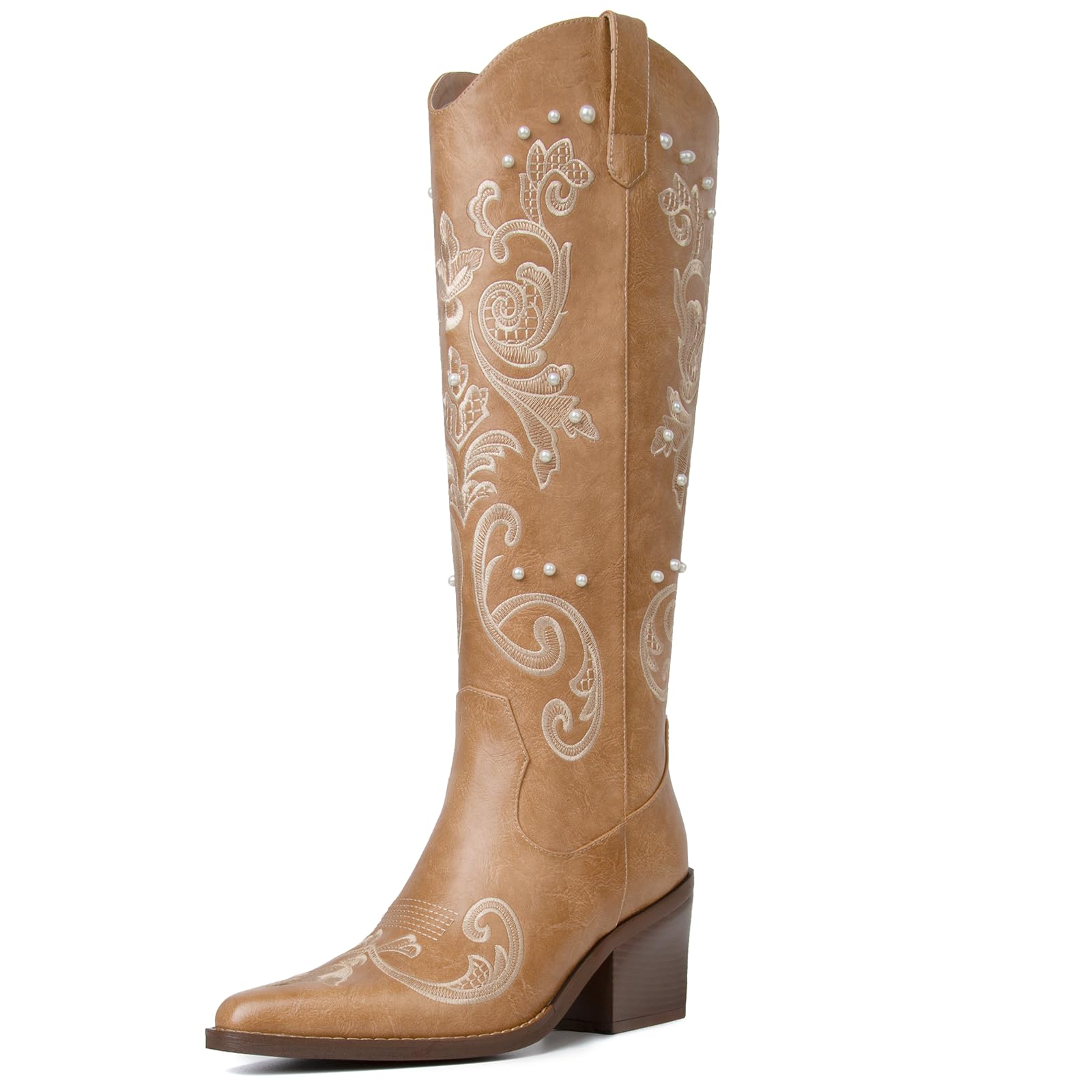 Western Cowboy Boots for Women Knee High Cowgirl Boots with Classic Embroidered, Pointed Toe Chunky Heel Fashion Retro Classic Pull On Tall Boot Women Fall Winter