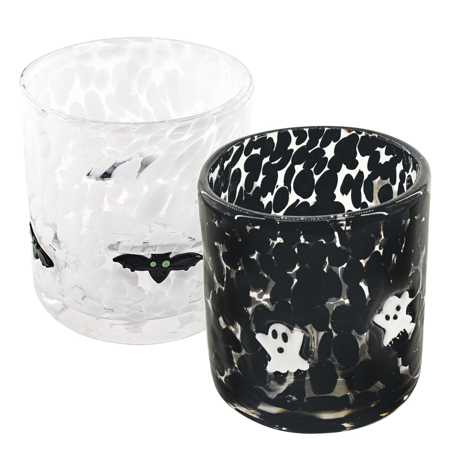 2pcs Halloween Glass Cups?16 Oz Cute Icons Juice Glasses - Double Old Fashioned Hand Blown Drinking Glass with Ghost And Bat Patterns
