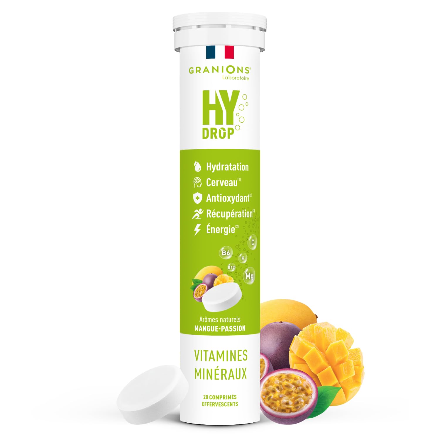 GRANIONS HYDROP - Pastilles Hydratation - Mangue/​Passion - SANS SUCRES - Fabriqué en France - Electrolytes - Vitamines, Minéraux, Magnesium - Pastille Hydratation - 20 Pastilles Effervescentes