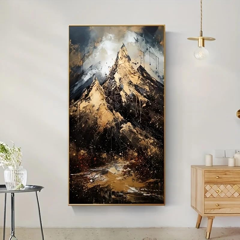Tableau abstrait montagnes or et noir de qualité premium avec châssis bois