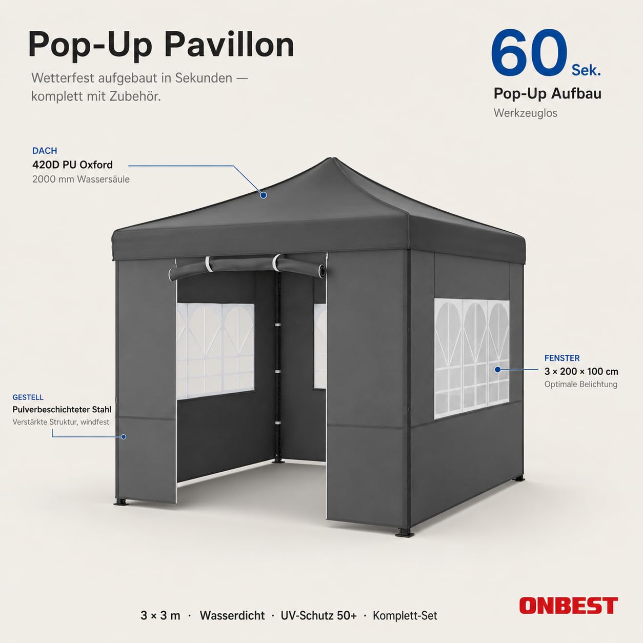 ONBEST Pavillon 3x3 m – Faltpavillon Pop-up mit Seitenwänden, Grau