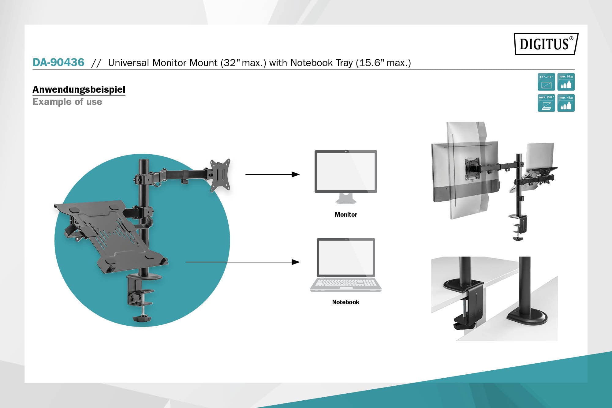 DIGITUS Support écran - Pince de table - Support pour ordinateur portable - 1 écran - Jusqu'à 32 pouces - VESA 75x75, 100x100 - Noir