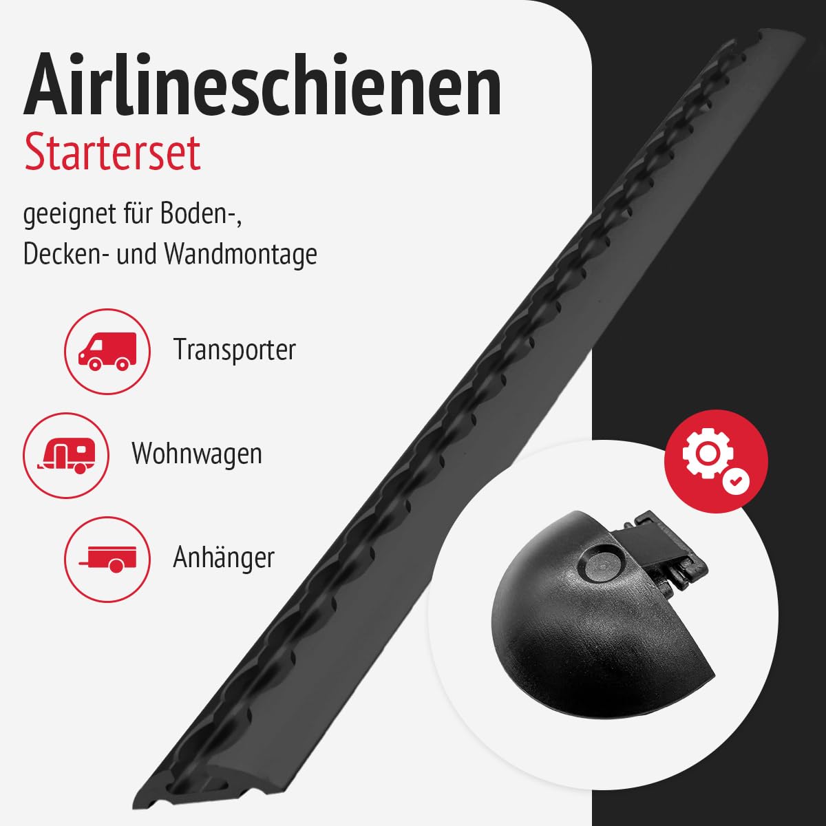 Airlineschienen mit Endkappen und Fittingen, 1.0 m, schwarz KTL-beschichtet, gebohrt, halbrund, 50 x 11,5 mm | Zurrschiene | für Transporter, Wohnwagen, Sprinter, (Starterset 1.5)