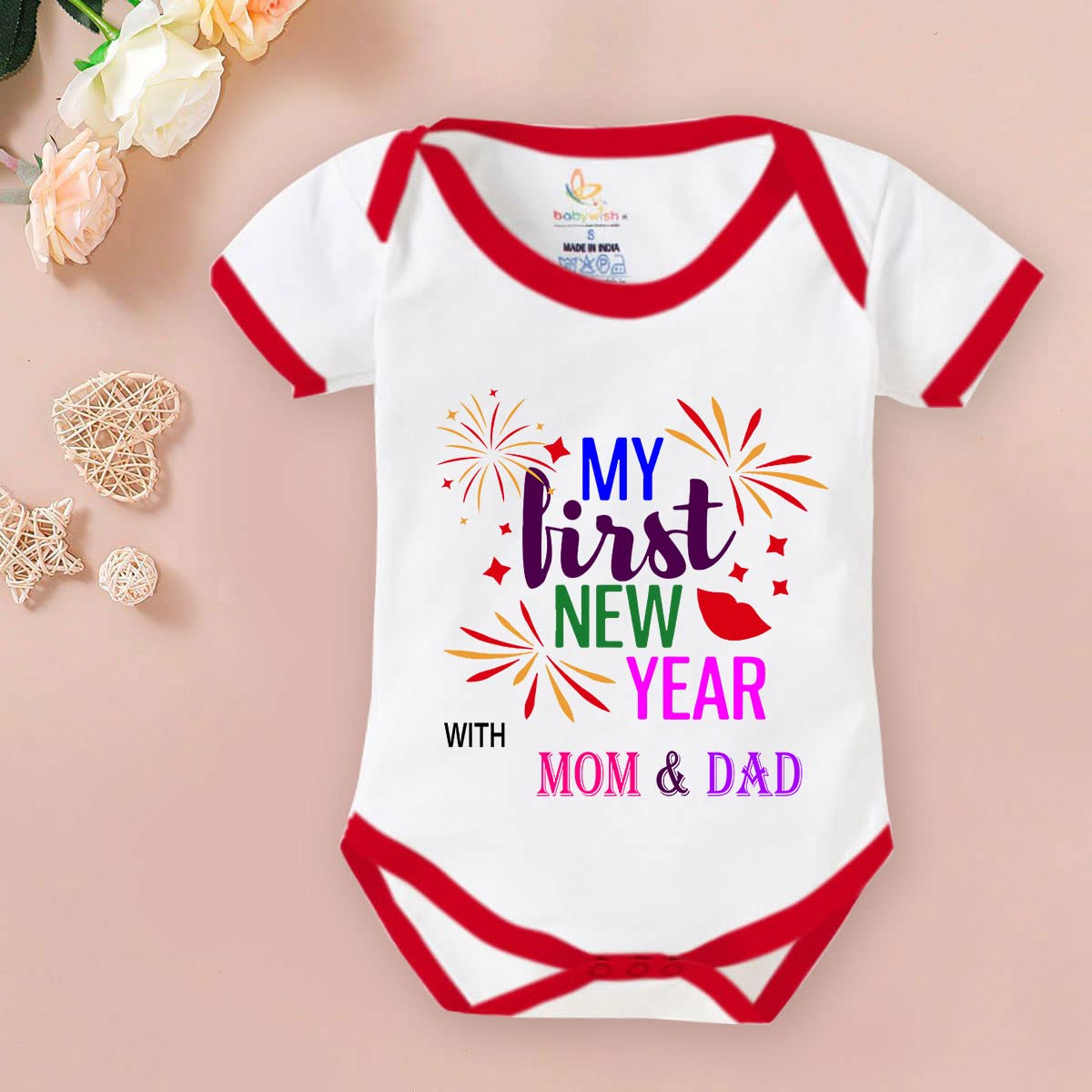 Baby Wish My First New Year Romper - Newborn Outfit With Envelop Neck Half Sleeve - Unisex Infant Dress for My 1st New Year With Mom & Dad 1