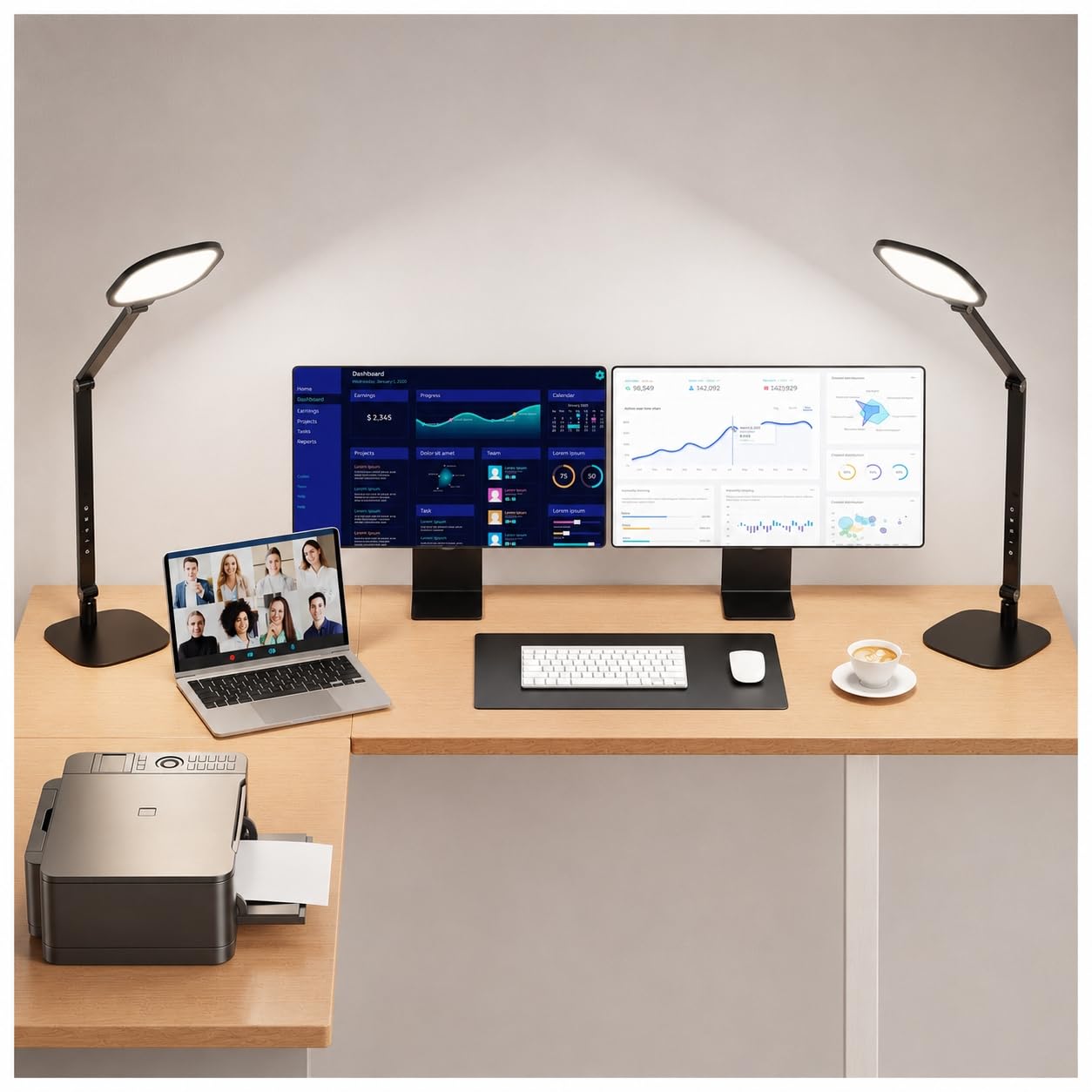 LitONES Lot de 2 lampes de bureau LED pour bureau à domicile, lumière de bureau pour appels vidéo, 3 températures de couleur et 10 luminosités