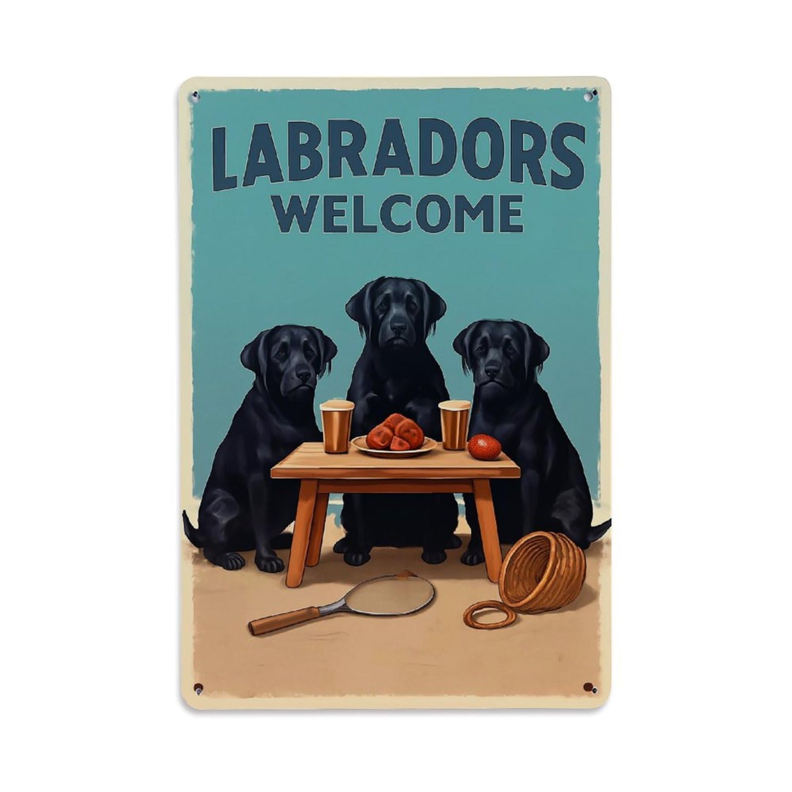 Jdfenggu Vintage Labradors Welcome Dogs Table Food Retro Metal Tin Sign, Decor Art Poster For Bar, Home, Man Cave, Kitchen, Laundry Room Gift 8X12inch