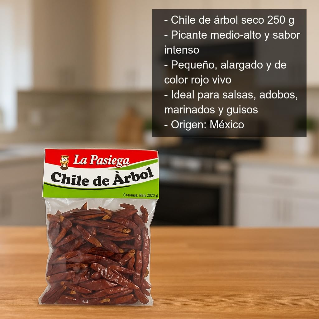 Chile de árbol seco 250 g picante medio-alto para salsas, guisos y adobos chile mexicano rojo entero