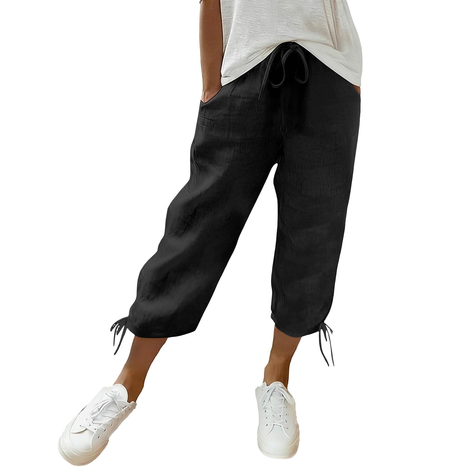Women's Cotton Linen Capri Pants Elastic Waist Drawstring Casual Loose Summer Lightweight Cropped Trousers Comfy