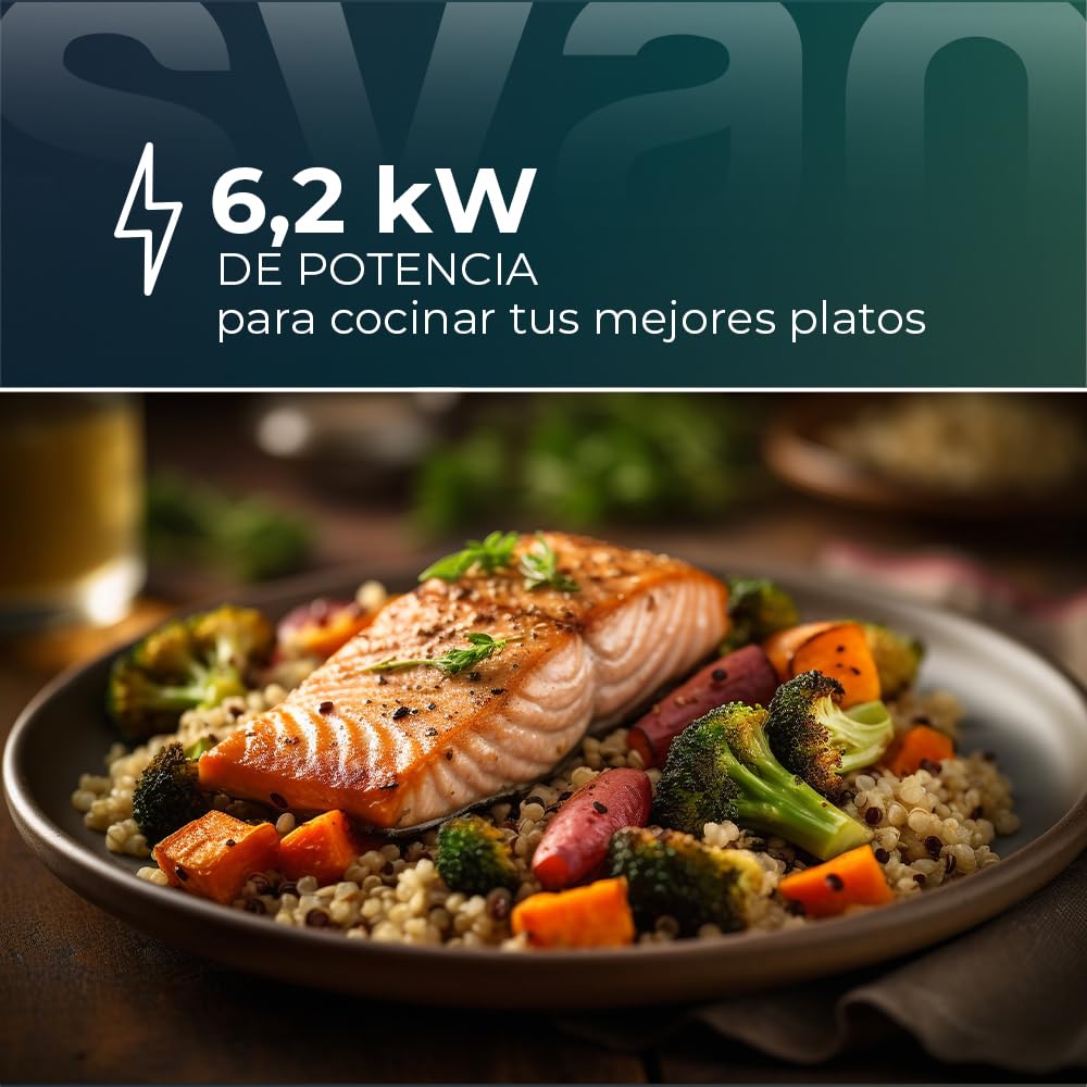 Svan Placa de Inducción Cristal negro SI3602B. Potencia máx. 6200 W, 3 Zonas de Cocción, 9 Niveles de Cocción, Control Táctil, Bloqueo y Autodesconexión de Seguridad