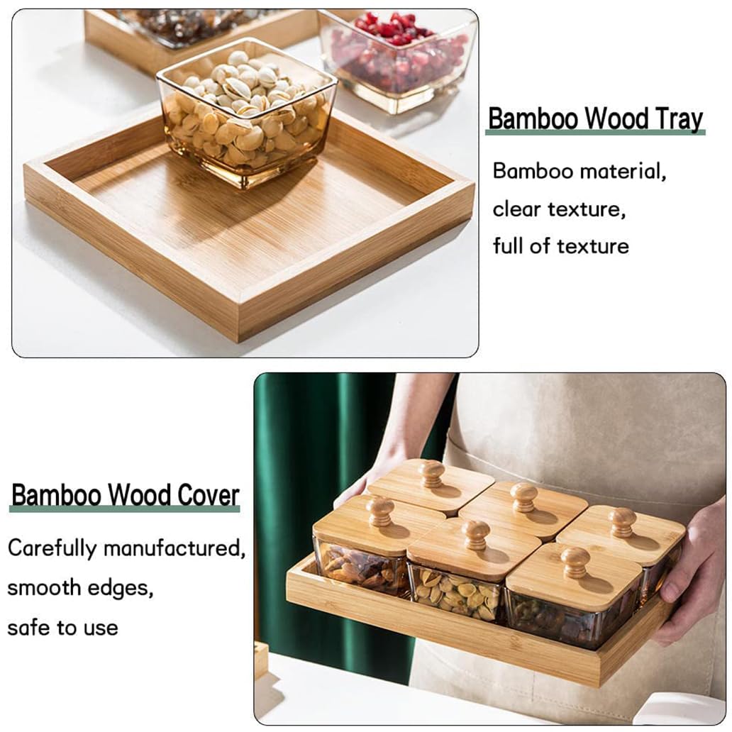 Plateau de service divisé en bambou avec couvercle, organiseur de collations carré pour fêtes, plateau de fruits en bois et boîte de rangement pour bonbons