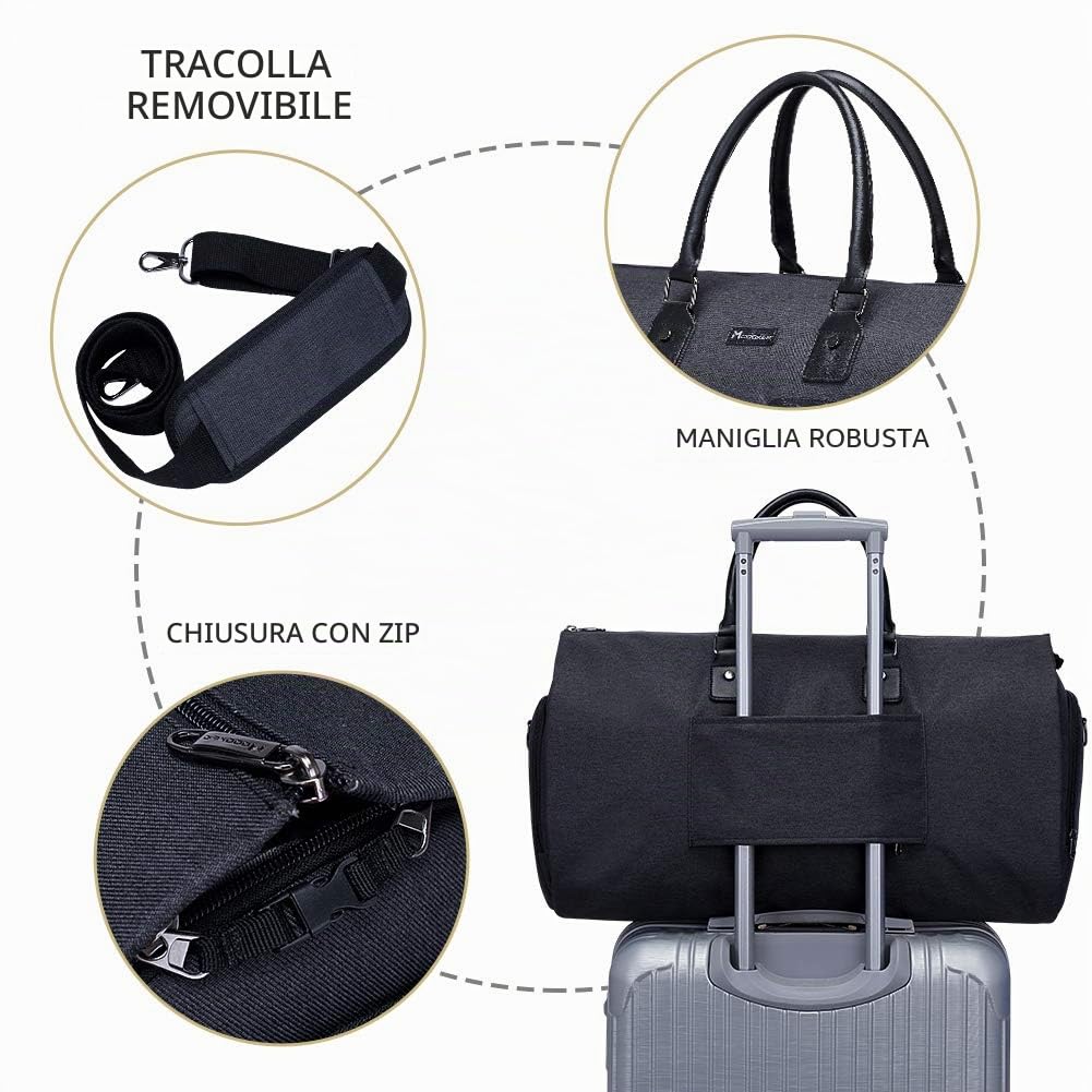 MODOKER, borsone convertibile per indumenti con tracolla, borsone per uomo e donna, borsa da viaggio 2 in 1 da appendere