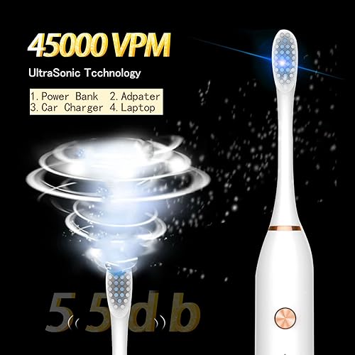 Miniatura 3 de Paquete de 2 cepillos de dientes eléctricos con 8 cabezales de cepillo, 6 modos de 42000 vpm, IPX7 impermeable, cepillo de dientes eléctrico sónico