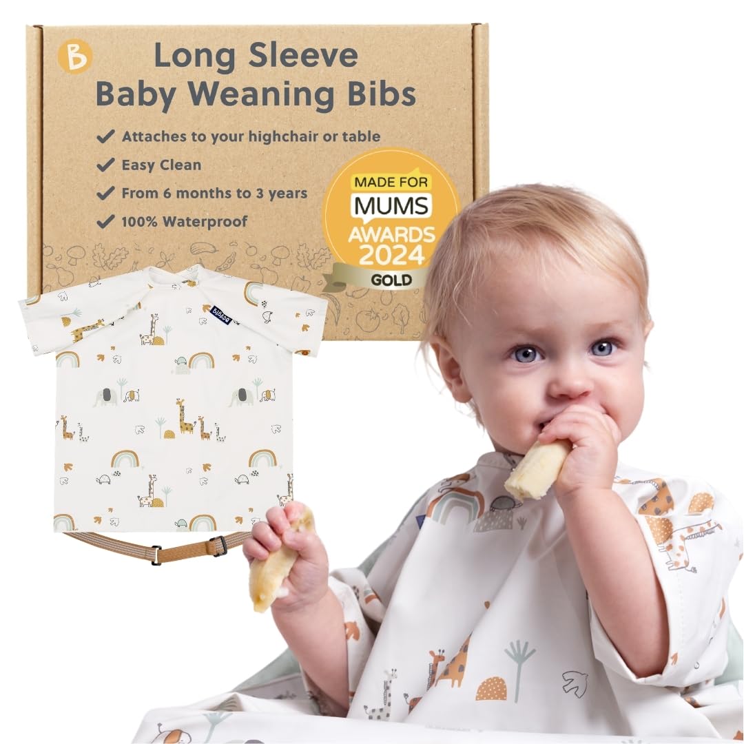 BIBaDO - Short Sleeve Baby Bibs - Babies & Toddlers 6-36 Months - Coverall Weaning Bib - Easy Wipe Clean & Soft Fabric - Attach to Highchair & Tables - Waterproof - Machine Washable
