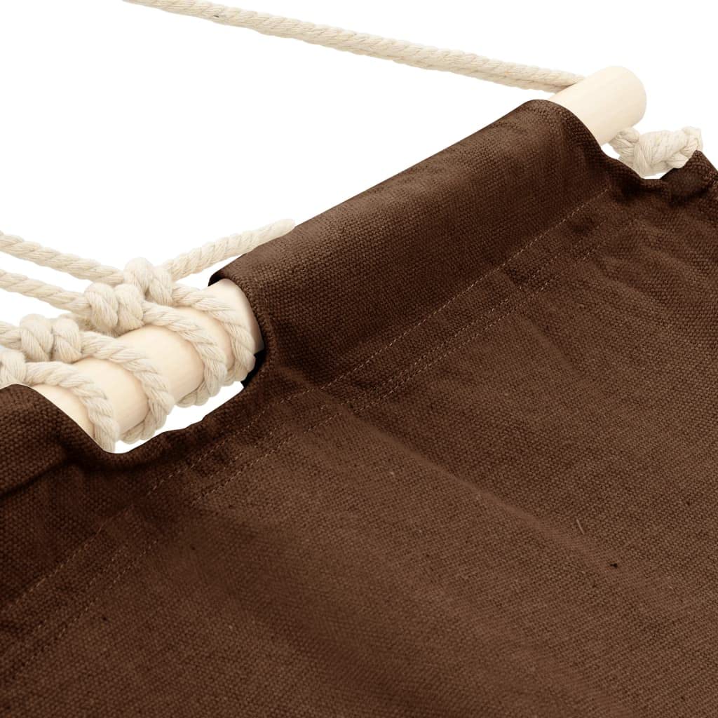 Amaca con struttura marrone, grande sdraio sospesa per giardino e balcone, amaca in cotone resistente alle intemperie, con montanti in legno, portata 150 kg, struttura stabile