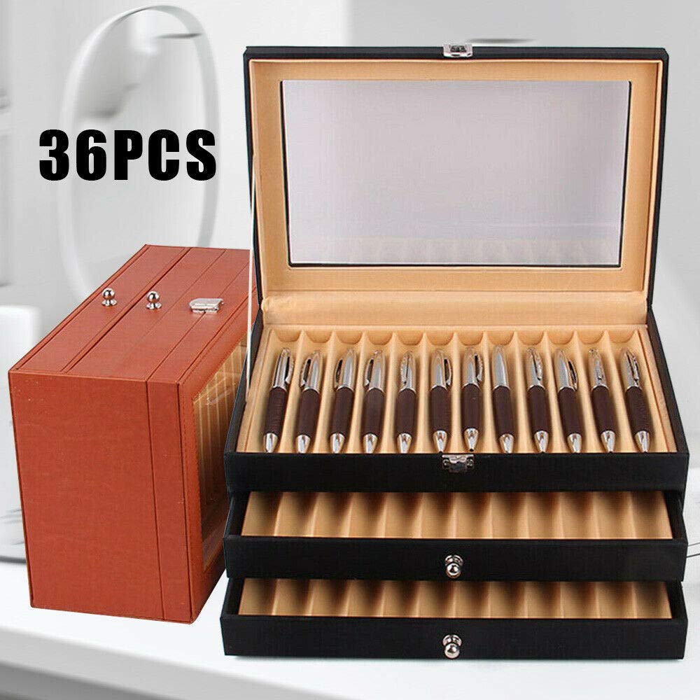 SHZICMY Schreibgeräte Sammlerbox, 24/36 Pcs Display Box Aufbewahrungsbox Geeignet für Stifte, Kugelschreiber, Pens, Leder&Flanell Penbox Veranstalter mit Glasfenster Schubladen (36-bit Orange)