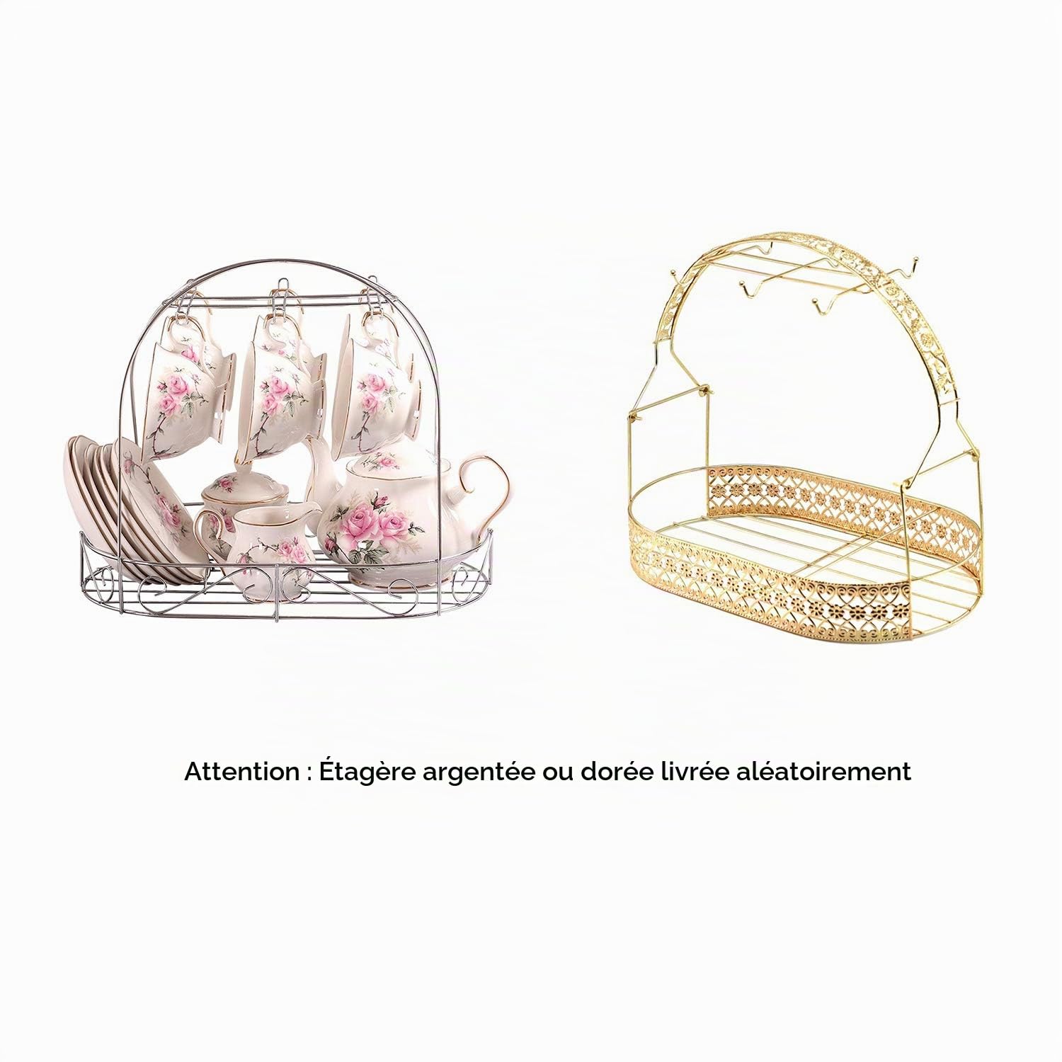 15 Pièces Européen Vintage Service À Thé Porcelaine avec Titulaire en Métal, Motif de Camellia Rose et Jante Dorée Service À Café,pour Cadeau et Ménage, Bureau, Mariage