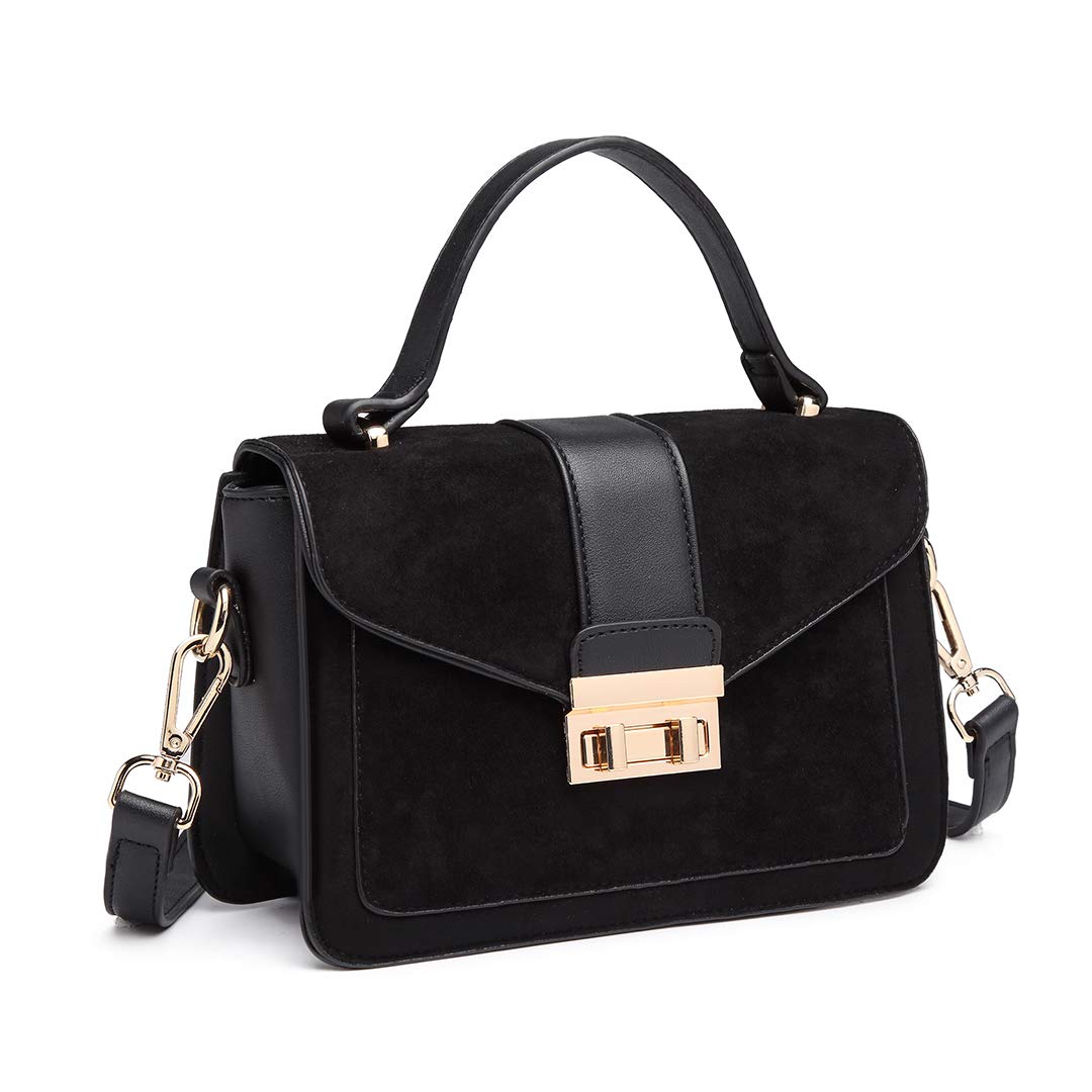 Miss Lulu Women's Small Handbag, Square Metal Buckle Flap Cross body Bag, Elegant Suede and PU Leather Shoulder Bag