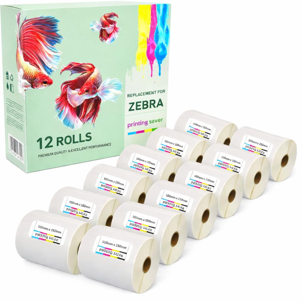 12 Compatible Rolls 100mm x 150mm White Direct Thermal Labels for Zebra GK420d GK420t GC420d GX420d GX420t GC420t GX430t GT800 LP2844 TLP 2844 Citizen CL-S521 CL-S621 CL-S631 (500 Labels per Roll)
