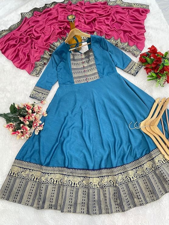 Image of Women's Vichitra Silk Anarkali Gown with Dupatta, Pink, Jacquard Zari Weaving, Designer Party Ethnic Wear